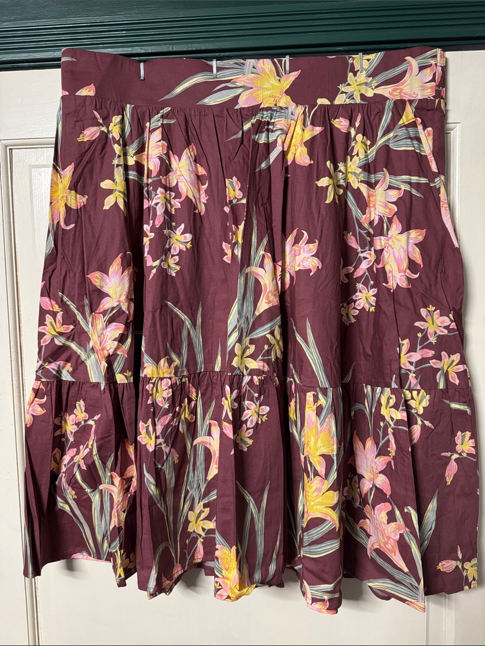 NWT - torrid Burgundy Floral Tiered Skirt with Pink & Yellow Blooms